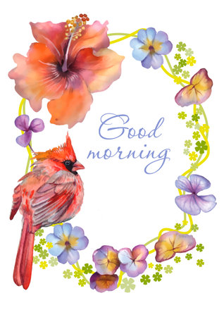 Watercolor card with a cardinal bird, flowers and leaves on white backgroundのイラスト素材