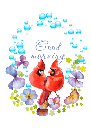 Watercolor card with two red cardinal birds, flowers and bubbles.のイラスト素材