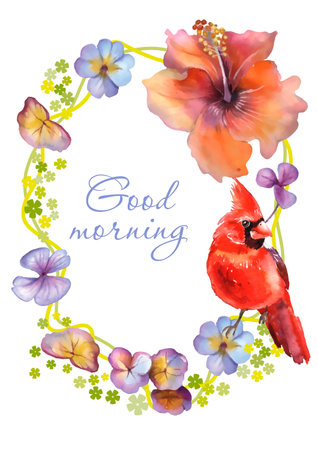 Beautiful vector card with flowers and birds. Watercolor illustration.のイラスト素材
