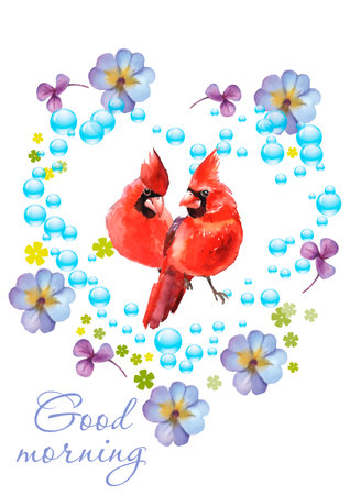 Valentine's day greeting card with two birds and flowers.のイラスト素材