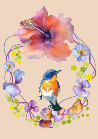 Watercolor illustration of a bird sitting on a branch with flowers.のイラスト素材