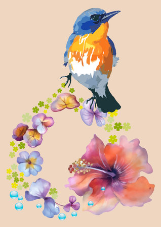 Beautiful bird with hibiscus flowers. Vector illustration.のイラスト素材