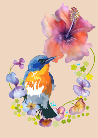 Illustration of a bird on a hibiscus flower backgroundのイラスト素材