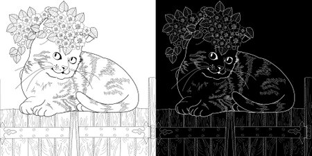 Coloring book for children, two cats in a wreath of flowersのイラスト素材