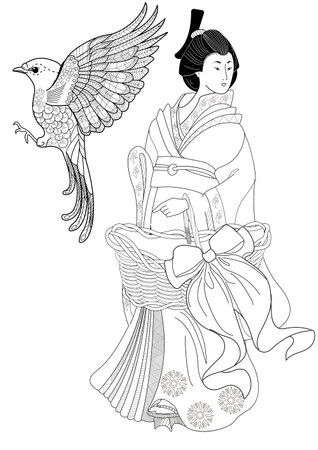 Illustration of a Japanese girl with a bird in her hairのイラスト素材