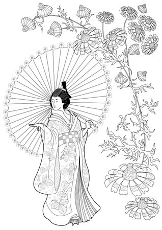 Japanese geisha with a fan and butterflies. Coloring book for adults.のイラスト素材