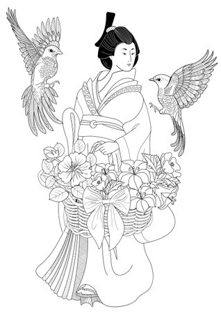 Illustration of a girl with a bouquet of flowers and birdsのイラスト素材