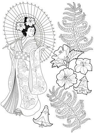 Japanese geisha with hibiscus flowers and fan. Vector illustrationのイラスト素材