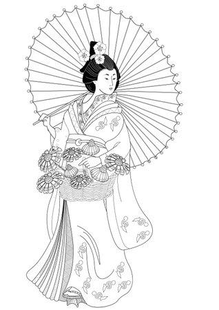 Beautiful geisha with umbrella. Vector illustration for coloring book.のイラスト素材