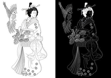 Hina japanese geisha. Black and white vector illustrationのイラスト素材