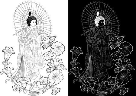 Japanese geisha and hibiscus flowers in black and whiteのイラスト素材