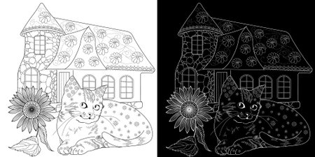 Coloring book for adults and older children. Coloring page with a picture of a cat and a house.のイラスト素材