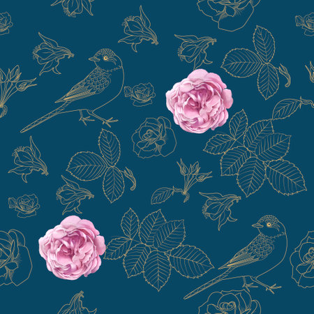 seamless pattern with roses and birds on a blue background.のイラスト素材