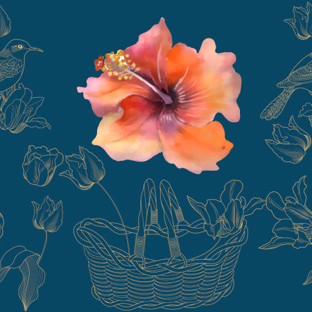 Seamless pattern with hibiscus flowers and basket.のイラスト素材