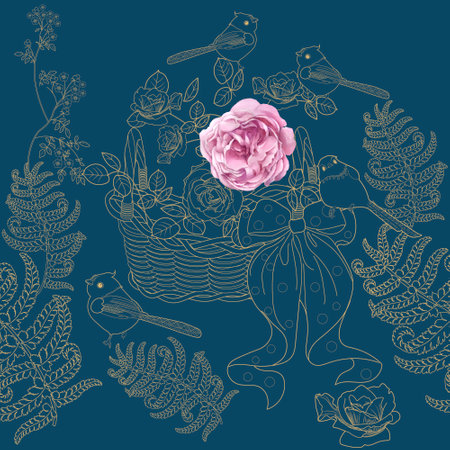 Seamless pattern with birds, flowers and wicker basket.のイラスト素材