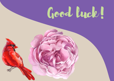 Cute card with red cardinal bird and peony flower. Hand drawn watercolor illustrationのイラスト素材
