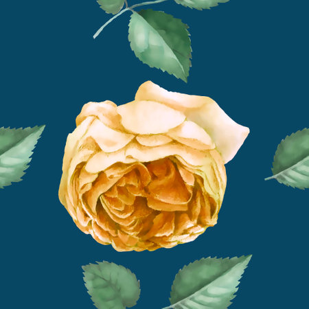 Seamless pattern with watercolor yellow rose on a blue backgroundのイラスト素材