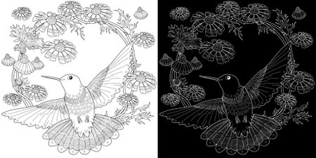 Coloring book for adults and older children. Coloring page with black and white image of a hummingbird and flowers.のイラスト素材