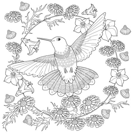 Coloring book for adults and children. Coloring page with hummingbird and flowersのイラスト素材