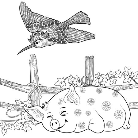Black and white vector illustration of a sleeping pig in the garden.のイラスト素材