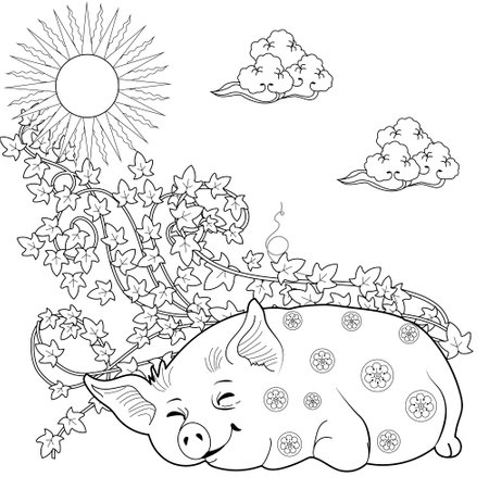 Coloring page with a cute pig and flowers. Vector illustration.のイラスト素材