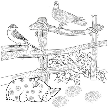 Pig and bird on a fence. Coloring book antistress for children and adultsのイラスト素材