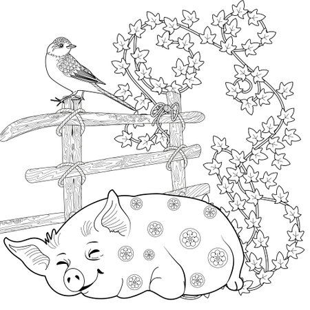 Cute pig on the fence. Vector illustration for coloring book.のイラスト素材