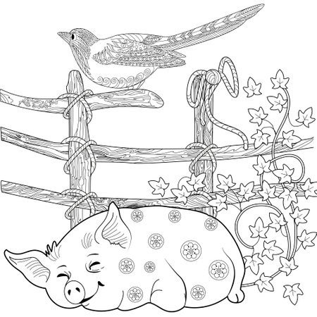 Coloring page of cute pig lying on the fence with flowers.のイラスト素材