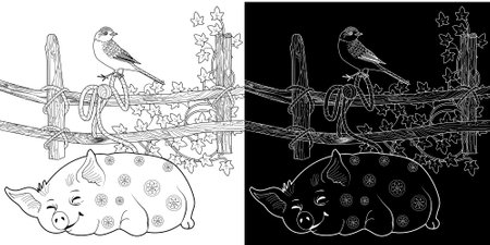 Pig on a branch. Black and white vector illustration for coloring book.のイラスト素材