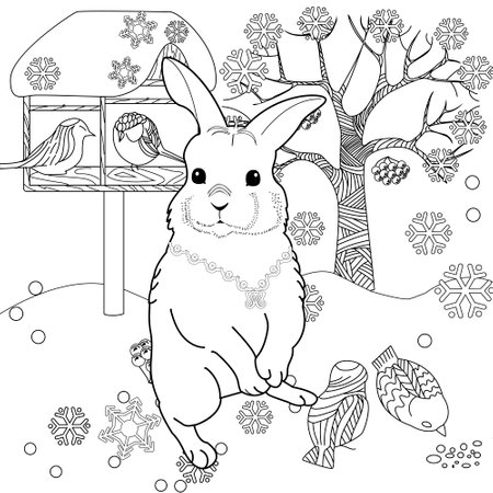 Cute rabbit with birdhouse and snowflakes. Coloring book page for adults.のイラスト素材