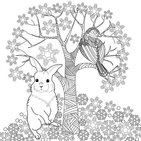 Rabbit, bird and snowflakes. Coloring book antistress for adults. Black and white illustration.のイラスト素材