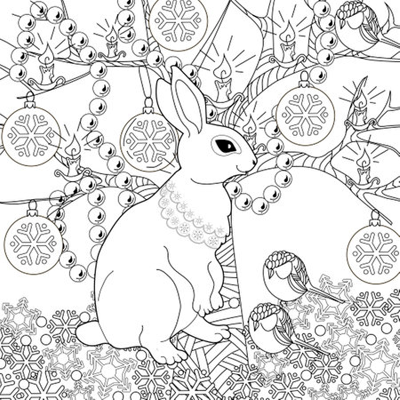 Black and white Christmas coloring page for adults with cute rabbit and snowflakesのイラスト素材