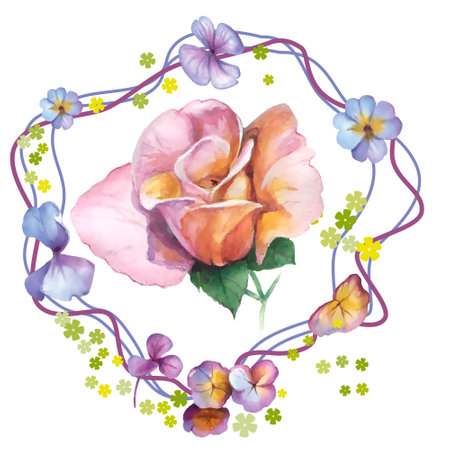 Watercolor floral wreath with roses, pansies and butterflies.のイラスト素材