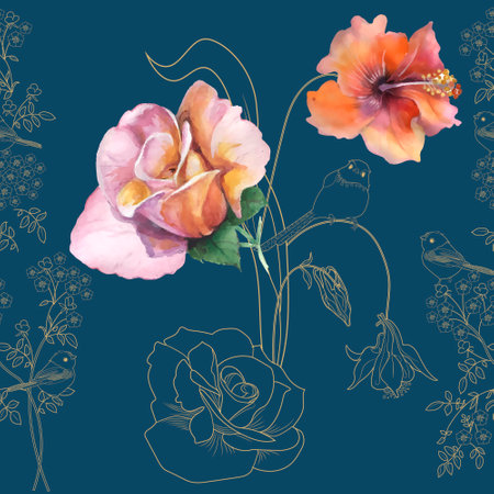 Seamless pattern with roses and birds. Hand-drawn illustration.のイラスト素材