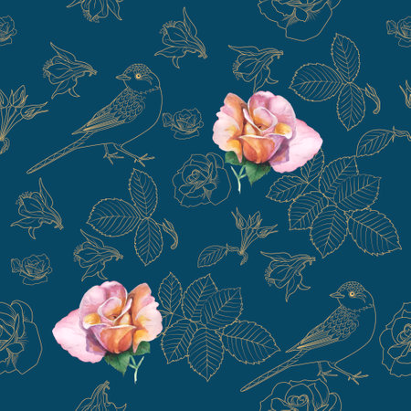 Seamless pattern with roses, birds and leaves. Vector illustration.のイラスト素材