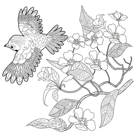 Coloring pages for adults and children. Coloring page with bird and flowers.のイラスト素材