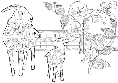 Black and white illustration of a cute goat and a sheep with orchidsのイラスト素材