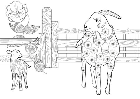 Black and white illustration for adult coloring book with cute goat and flowersのイラスト素材