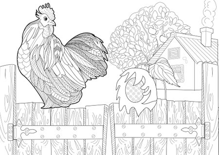 Coloring page for adults. Black and white image of a rooster on a fence.のイラスト素材
