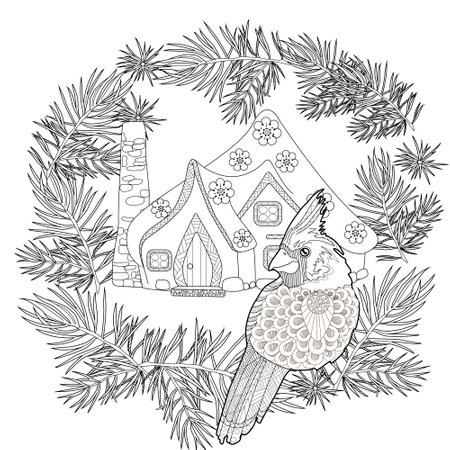 Black and white illustration for coloring book with a rooster in the form of a Christmas treeのイラスト素材
