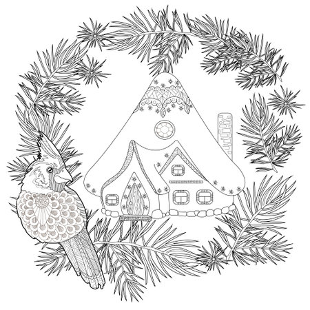 Christmas card with owl, fir tree and house. Vector illustration.のイラスト素材