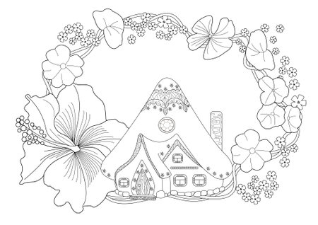 Coloring page with hand drawn house and flowers. Vector illustration.のイラスト素材