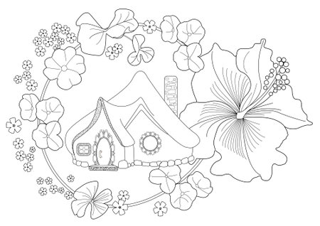 Hibiscus flowers and house coloring page for adults vector illustrationのイラスト素材