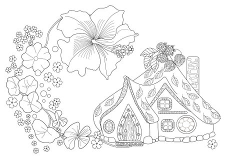 Hibiscus flower and house. Coloring book for adults. Black and white illustration.のイラスト素材
