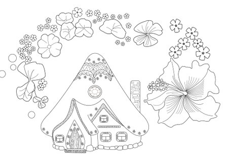 Hand drawn house with flowers. Vector illustration for coloring book page.のイラスト素材