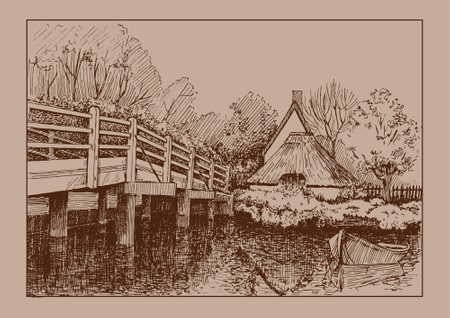 Wooden bridge over the river. Vector illustration in sketch style.のイラスト素材