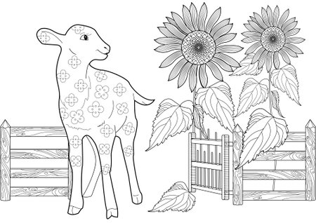 Sheep and sunflowers. Coloring page for adults.のイラスト素材
