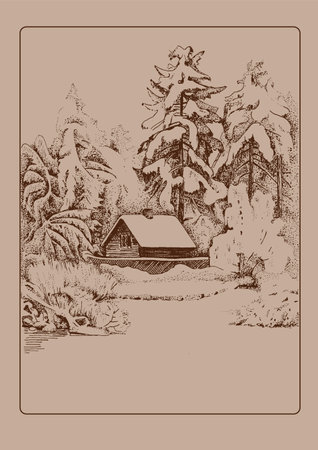 Illustration of a small wooden house in the middle of a forest.のイラスト素材