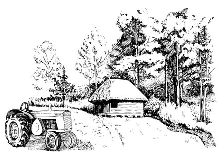 Tractor and barn, vintage line drawing or engraving illustration.のイラスト素材