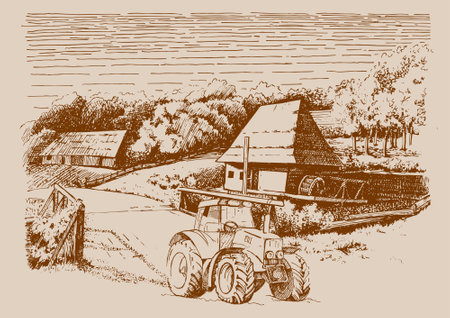Sketch of a tractor on the background of the village.のイラスト素材